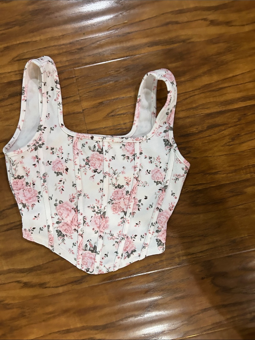 SHEIN White and Pink Floral Corset-Style Crop Top